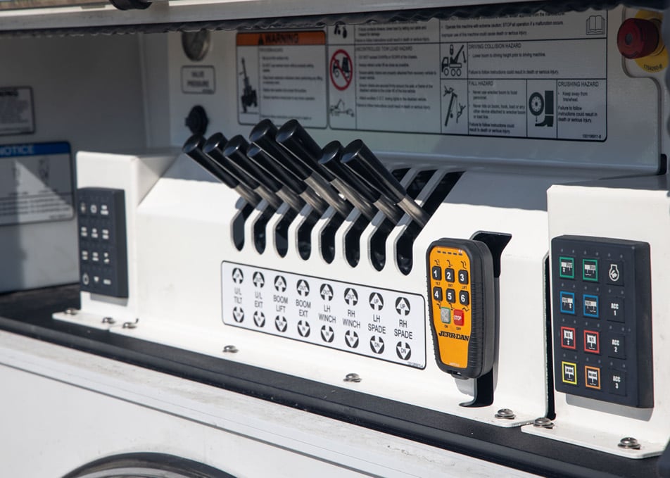 Close up of Jerr-Dan tow truck hydraulic controls