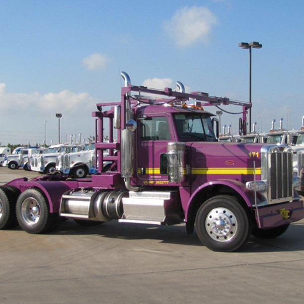 Side view of purple roll off truck