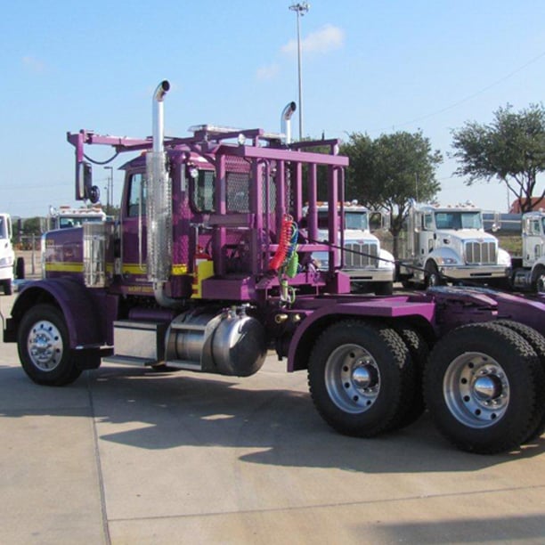 Back view of purple roll off truck