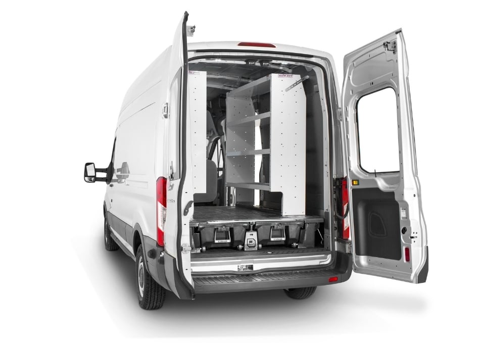 Inside view of back of cargo van with custom shelving