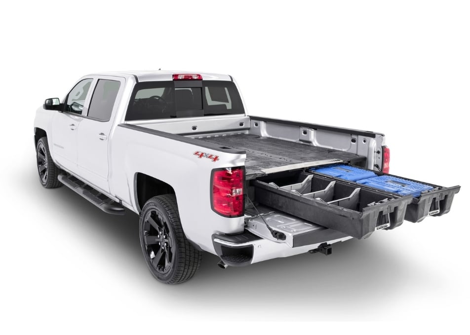 Back view of pickup truck with custom bed storage