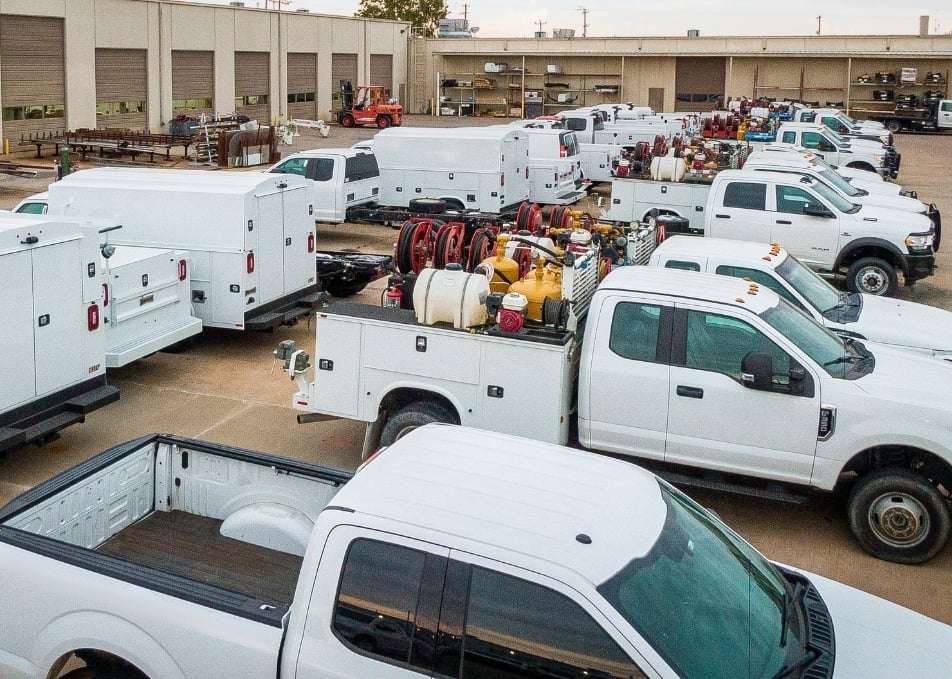 Aerial view of fleet trucks in the Custom Vehicle Solutions parking lot