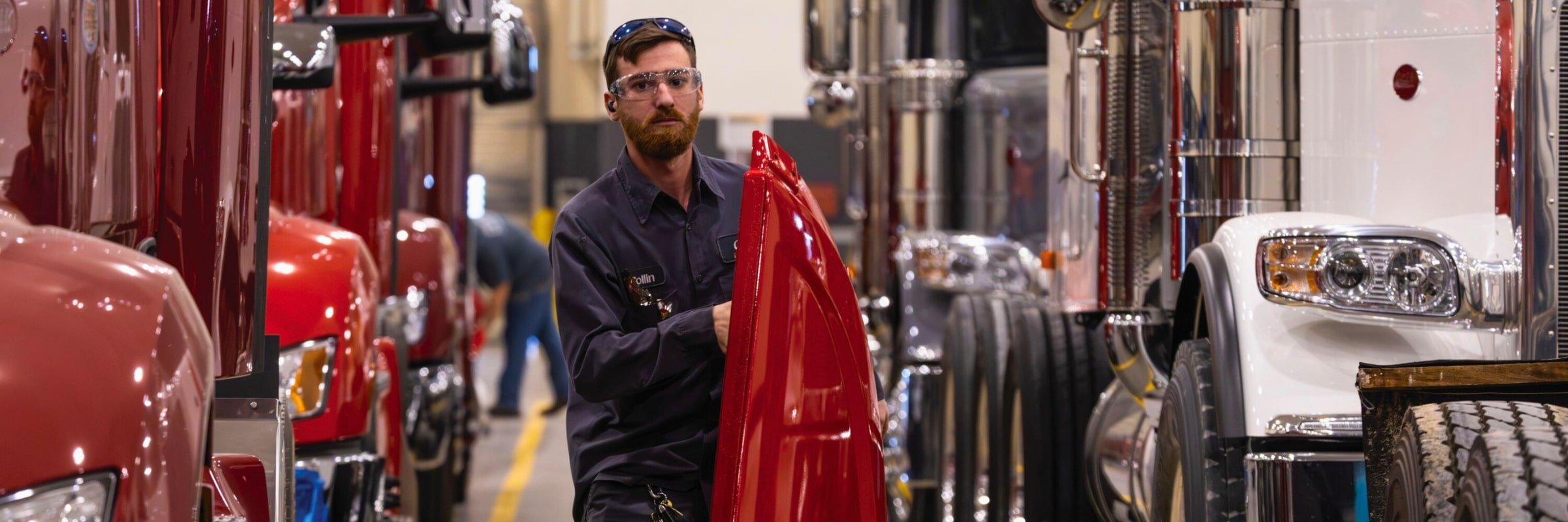 Technician carrying a truck wind deflector through warehouse